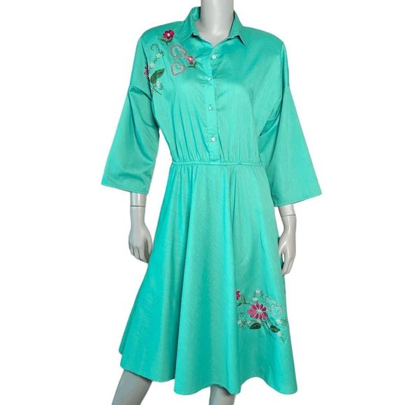 American Shirt Dress Dresses & Skirts - Vintage 80s American Shirt Dress with Embroidered Flowers | 10